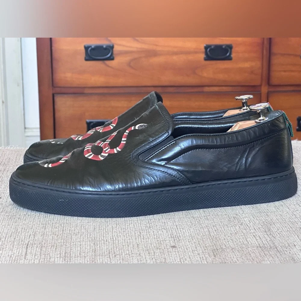 Gucci Snake Design Black Leather Men’s Slip-On Sneakers Size 12 G - Picture 9 of 13